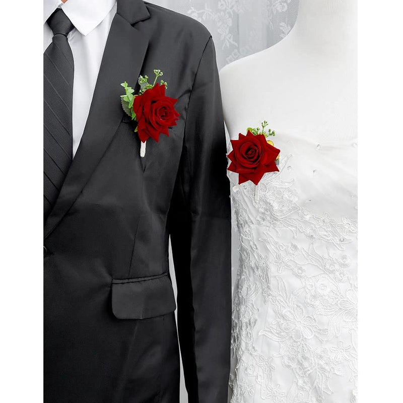 Campsis Wedding Boutonniere Red Rose Corsage Buttonholes Flower Groom Groomsman Best Man Wedding Flowers Accessories for Groom Groomsmen Prom (Red Wine) - Image 3